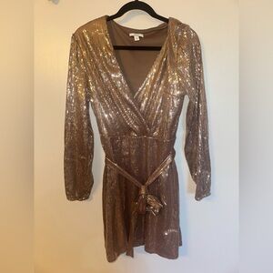 Nine West Shimmering Gold Copper Long Sleeve Deep V Dress size Large